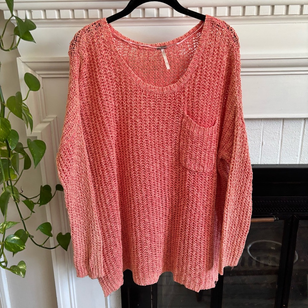 Free People Open Loose Knit Coral Pink Orange Sweater Medium Cotton Pocket